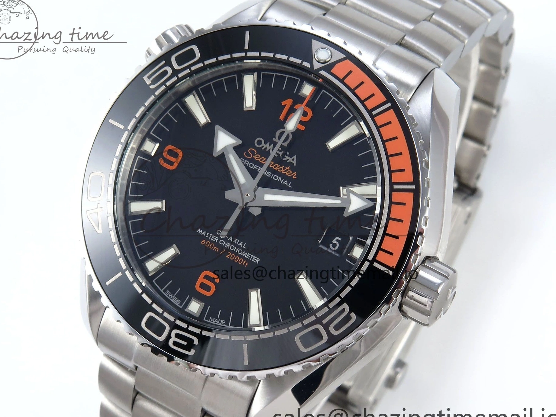 0509 WrinkleFree Seamaster Planet Ocean 600M 43.5mm SS SCF 1:1 Best Edition Black Orange Bezel Black Dial on SS Bracelet A8900 Super Clone 7682